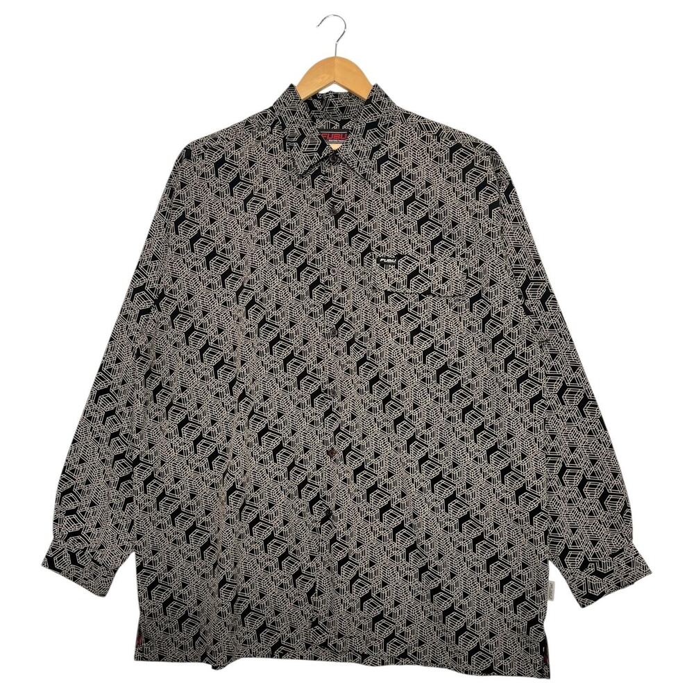VTG FUBU Shirt Mens 3XL Black White Geometric Button Up Long Sleeve 90s Retro